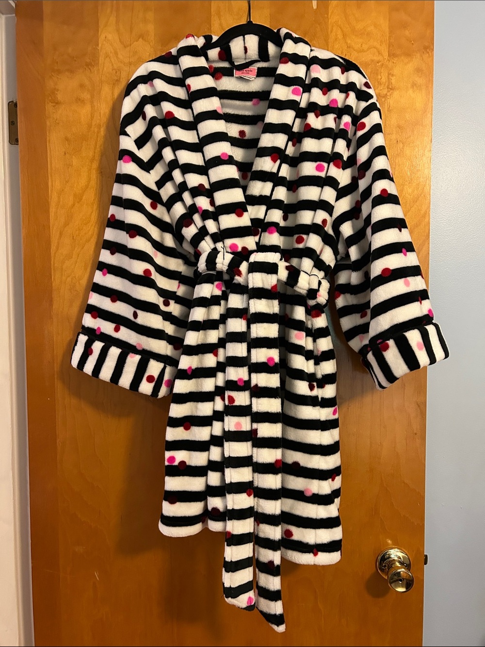 kate spade Black & White Striped Fleece Robe with Pink & Red Polka Dots